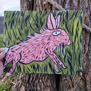Pink Rabbit Painting Folk Art